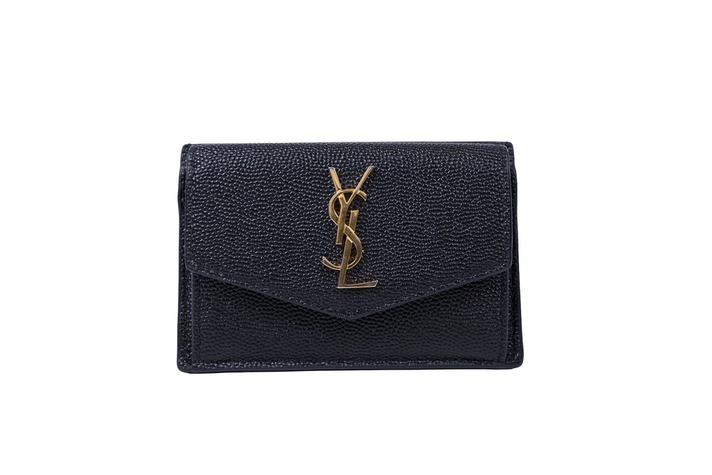 Saint Laurent Black Uptown Flap Card Case Grain de Poudre Embossed Leather Gold